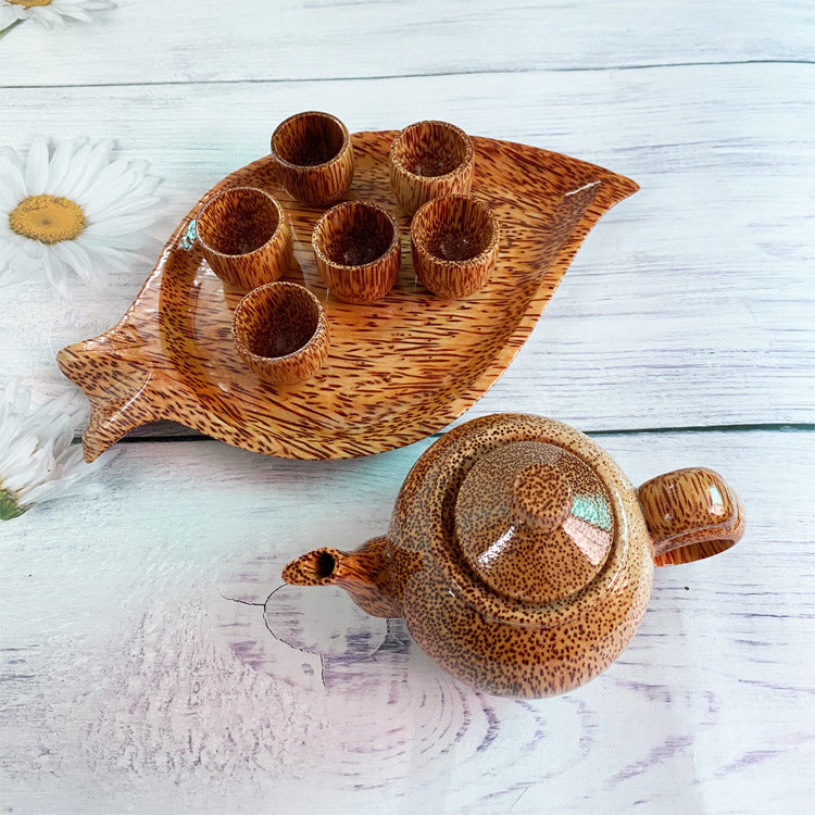 Handcarved Coconut Wood Tea Set