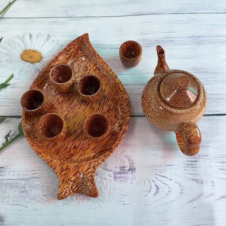 Handcarved Coconut Wood Tea Set