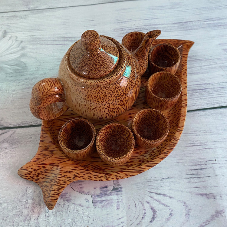 Handcarved Coconut Wood Tea Set