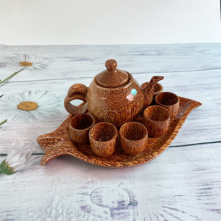 Handcarved Coconut Wood Tea Set